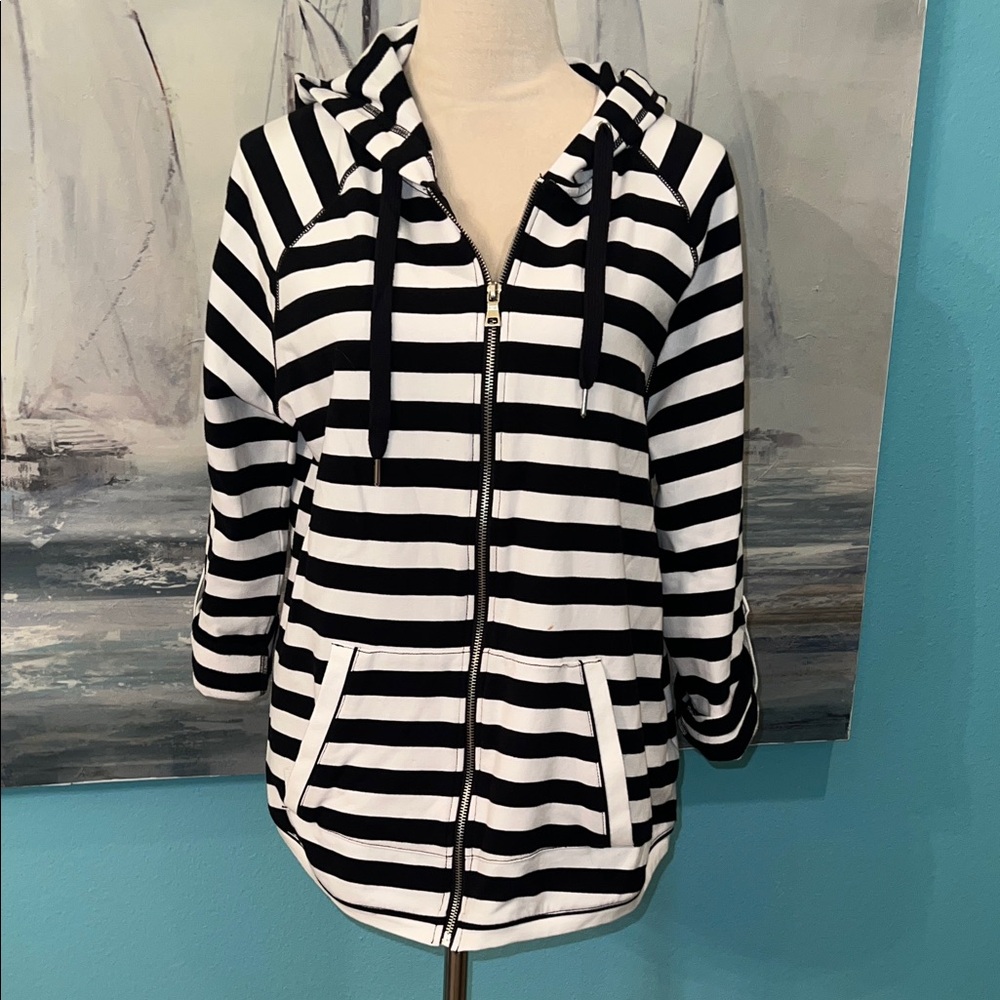 Ruby Rd. Black & White Striped Zip Up Hoodie, Large